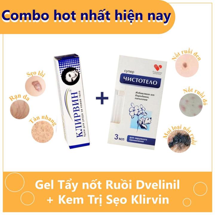 Combo tẩy nốt ruồi xóa mụn ruồi tại nhà Dvelinil nhập khẩu Nga và gel mờ sẹo Kem ngăn sẹo nga klirvin, kem ngừa sẹo, lồi, thâm, sẹo rỗ lâu năm, Serum tẩy nốt ruồi, mụn cóc, mụn thịt, tàn nhang, sẹo lồi Dvelinil