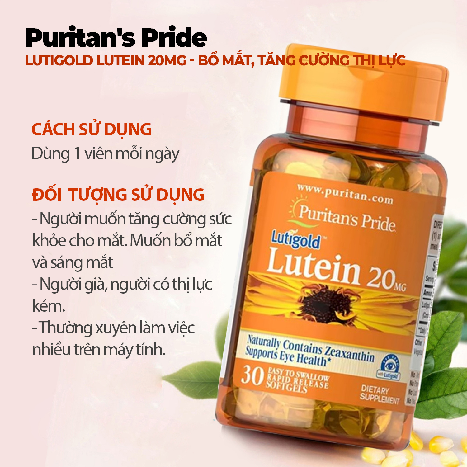 Viên Uống Bổ Mắt Tăng Cường Thị Lực Puritan's Pride Lutigold Lutein 20mg 30 viên