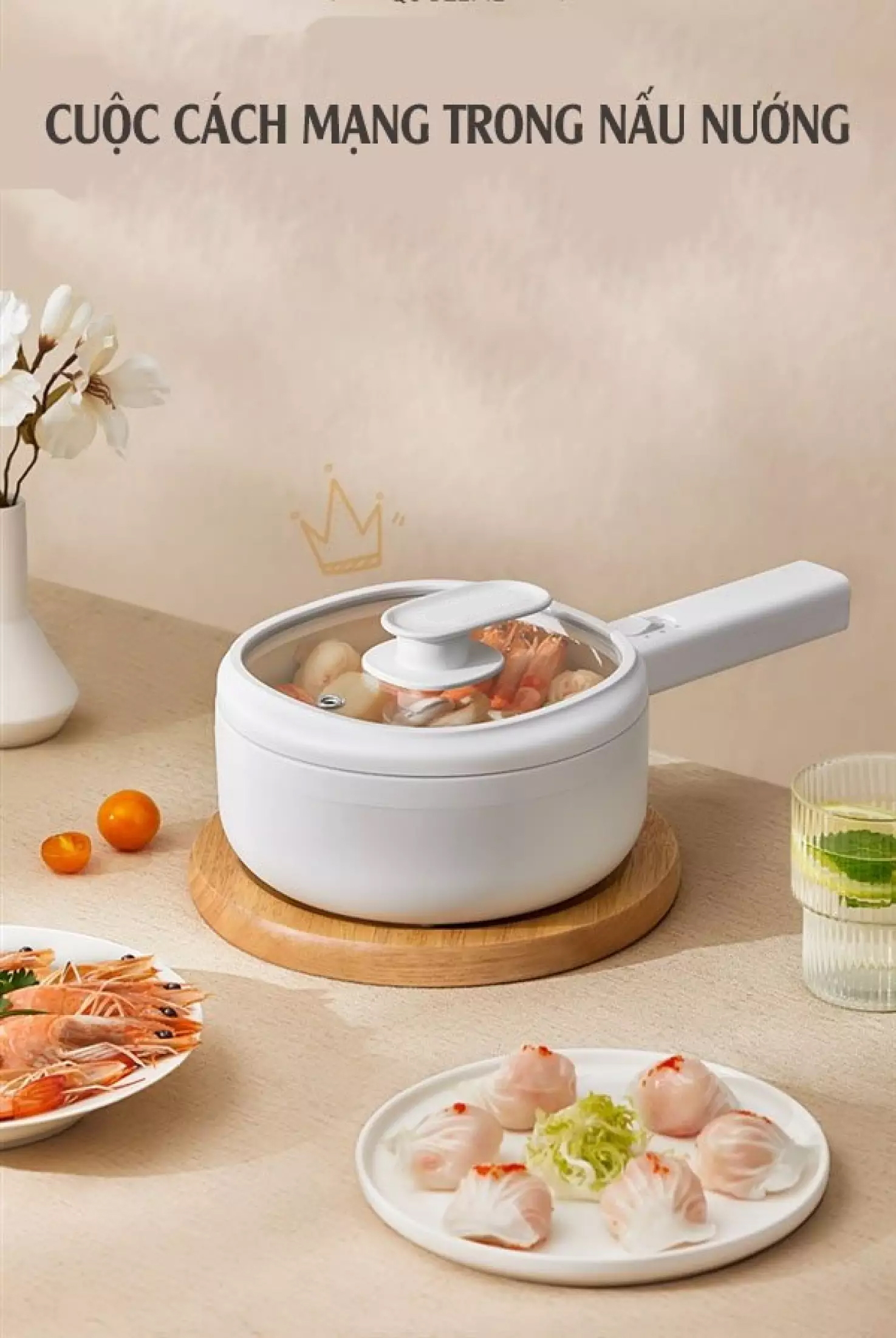 Chảo điện đa năng chống dính ceramic  công nghệ Korean  , nấu mỳ , chiên sào, nấu QC-DZ2712 ( tặng kèm bộ muôi )