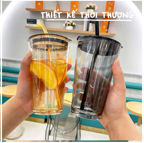 Cốc Thủy Tinh Bọc Da Cao Cấp Tặng Kèm Nắp Đậy Và Ống Hút GD596-LyTT