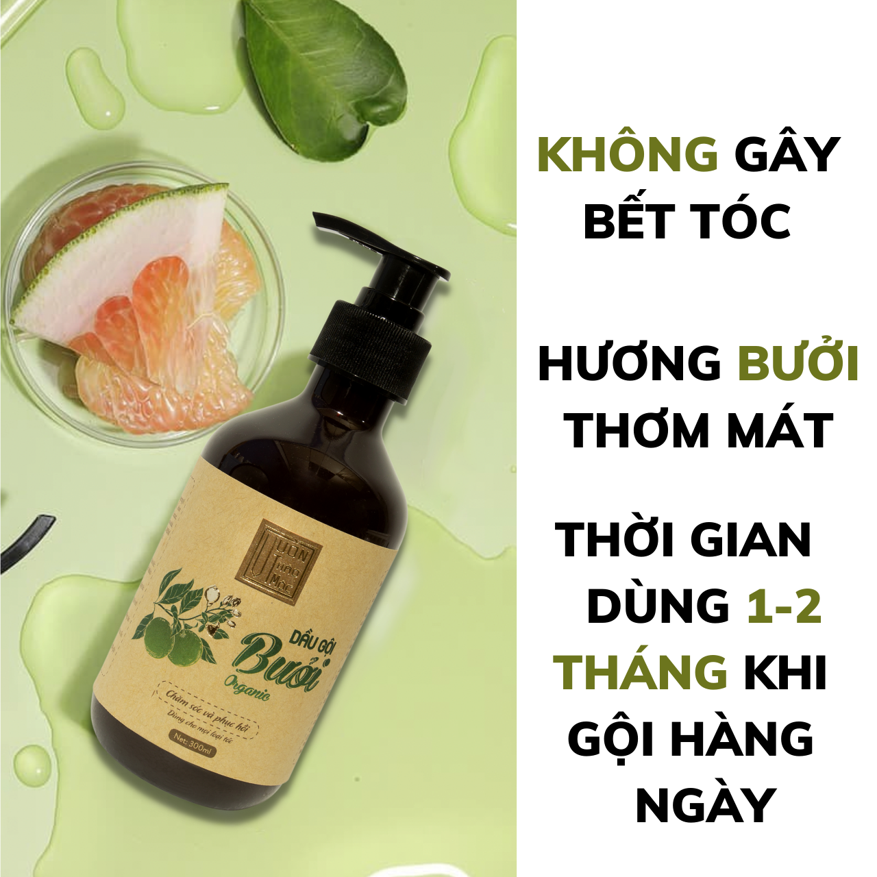 Dầu Gội Bưởi VƯỜN THẢO MỘC ORGANIC Nuôi Dưỡng Mái Tóc Khỏe Mạnh  Chai 300/500ml