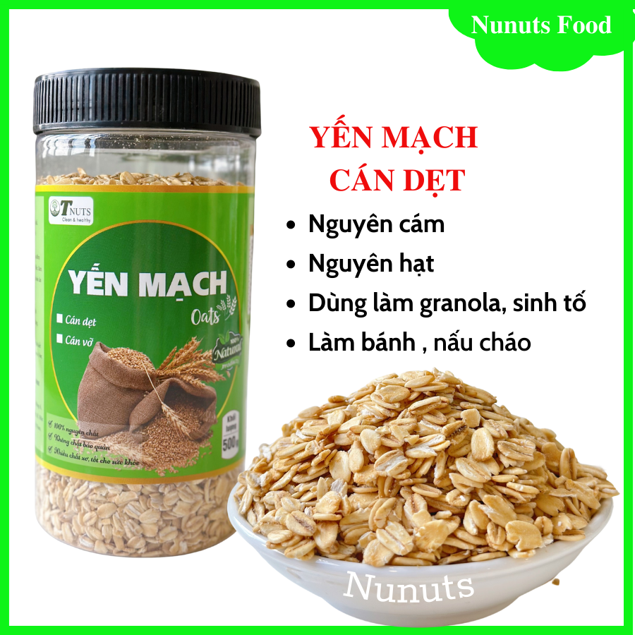 Yến mạch nguyên cám, hữu cơ Nunuts có cán dẹt và cán bể nấu cháo ăn dặm hoặc làm granola, sinh tố  hũ 500g