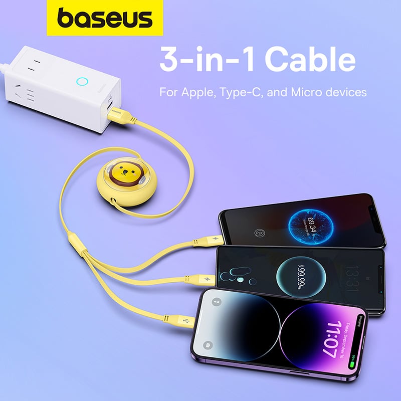 Cáp Sạc Nhanh Đa Năng Baseus Leo Retractable Charging Cable 3-in-1 USB to M+L+C 3.5A 1.1m - Hàng chính hãng