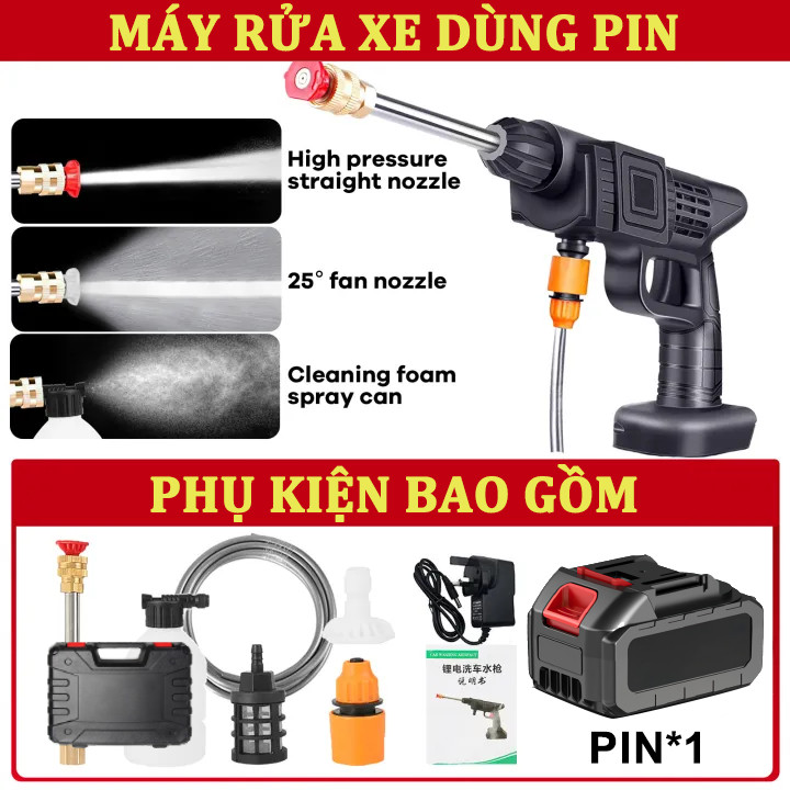 Máy rửa xe dùng pin mini, Máy xịt rửa tăng áp tặng kèm Pin