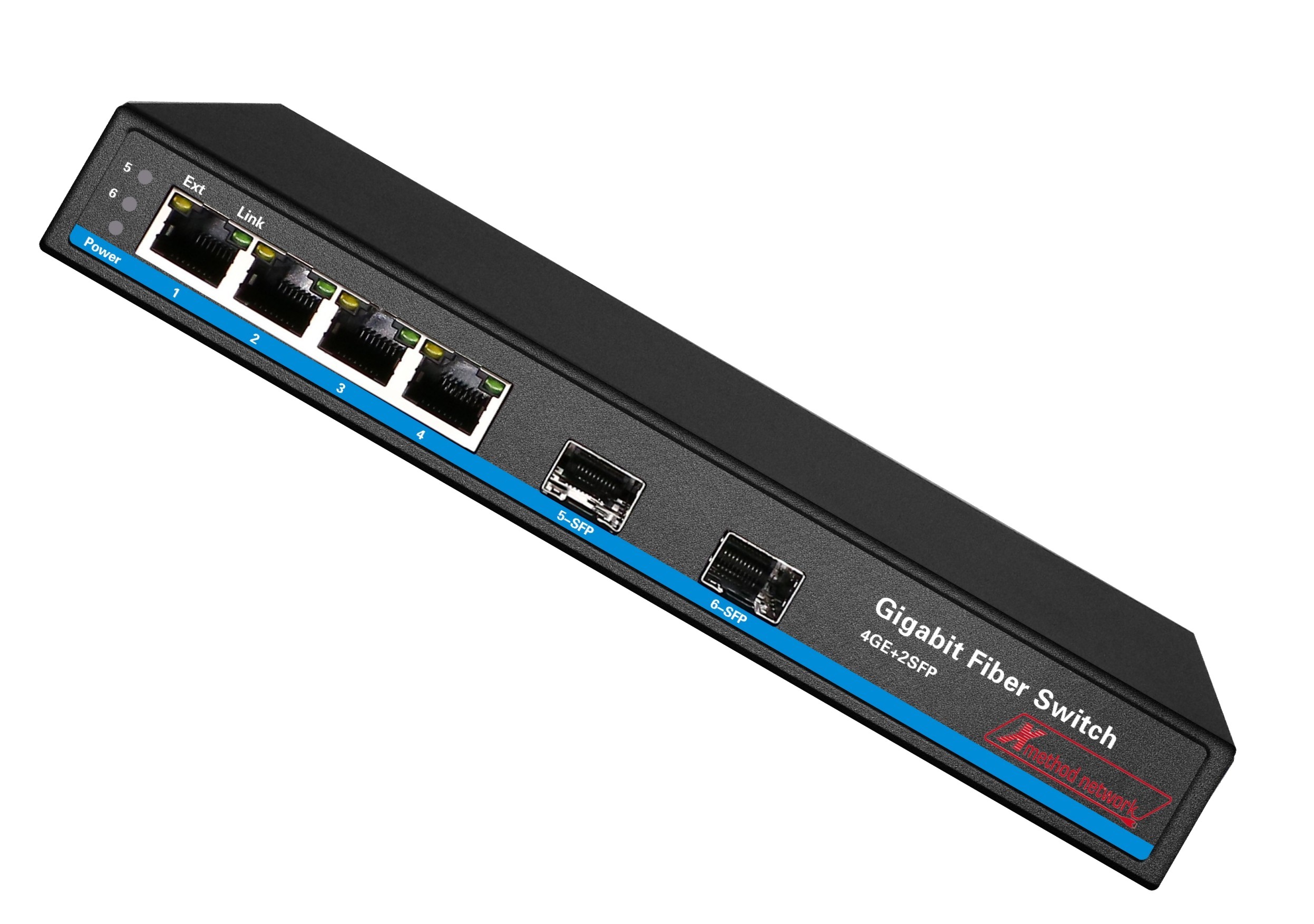 6 port unmanaged Ethernet switch, 4 port Gigabit Ethernet, 2 SFP