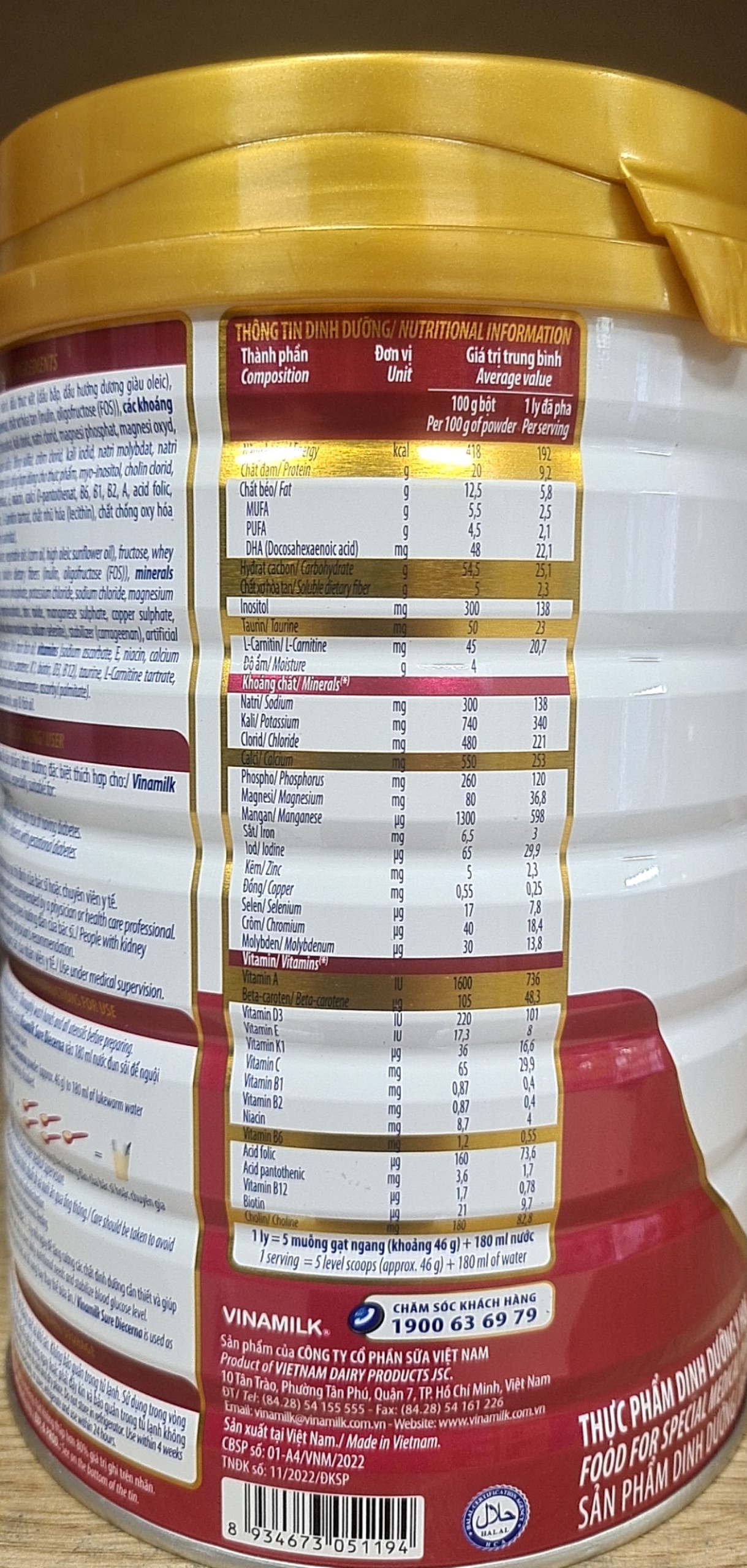 Sữa Bột Vinamilk Sure Diecerna - Hộp Thiếc 900g
