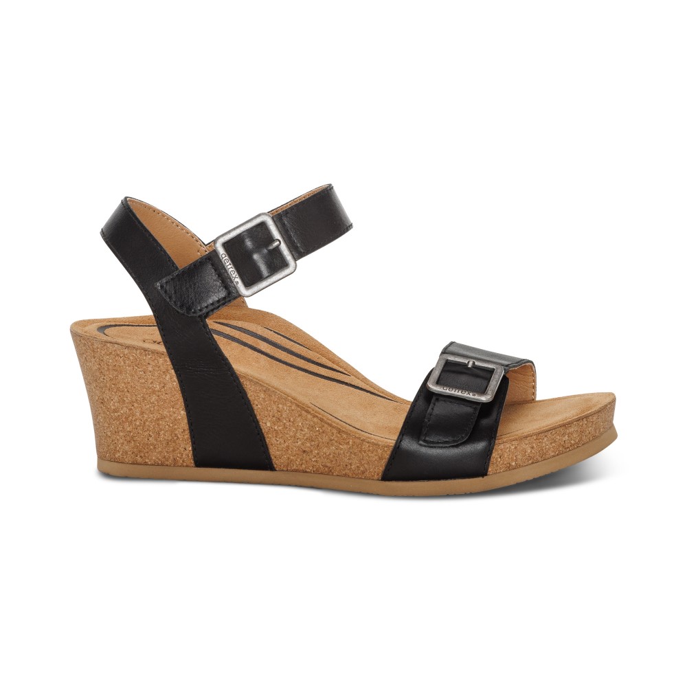 Sandal sức khoẻ nữ Aetrex Lexa Black - Giày cao 5p đế da mềm nhẹ, không chúi mũi chân