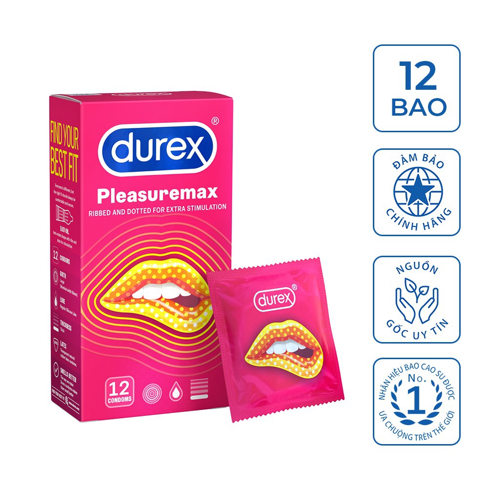 Bộ 2 hộp Bao cao su Durex Pleasuremax Ribbed &amp; Dodted 12 bao / hộp - Thiết kế Gân và Gai kết hợp 56mm tăng khoái cảm từ Bao cao su Durex CAO CẤP