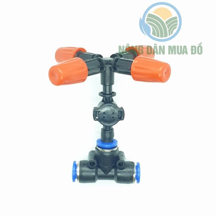 Combo 5 Béc phun sương 4 hướng màu cam cao cấp nhập khẩu Đài Loan có van chống rỉ gắn kèm chân tê ống 8mm