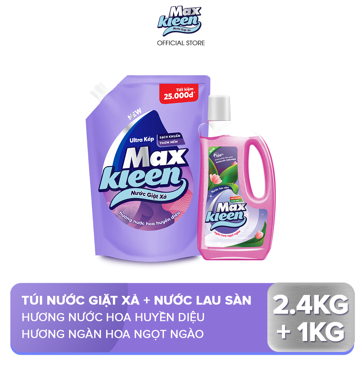 Combo túi nước giặt xả MaxKleen hương Huyền Diệu 2.4kg + chai nước lau sàn 1kg