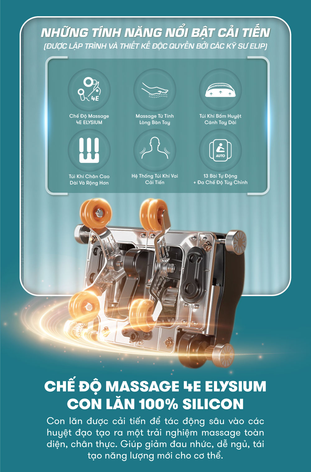 Ghế massage ELIP E3 New - Công nghệ Massage 4E Elysium, Massage Từ Tính Lòng Bàn Tay, Túi Khí Chân Cao