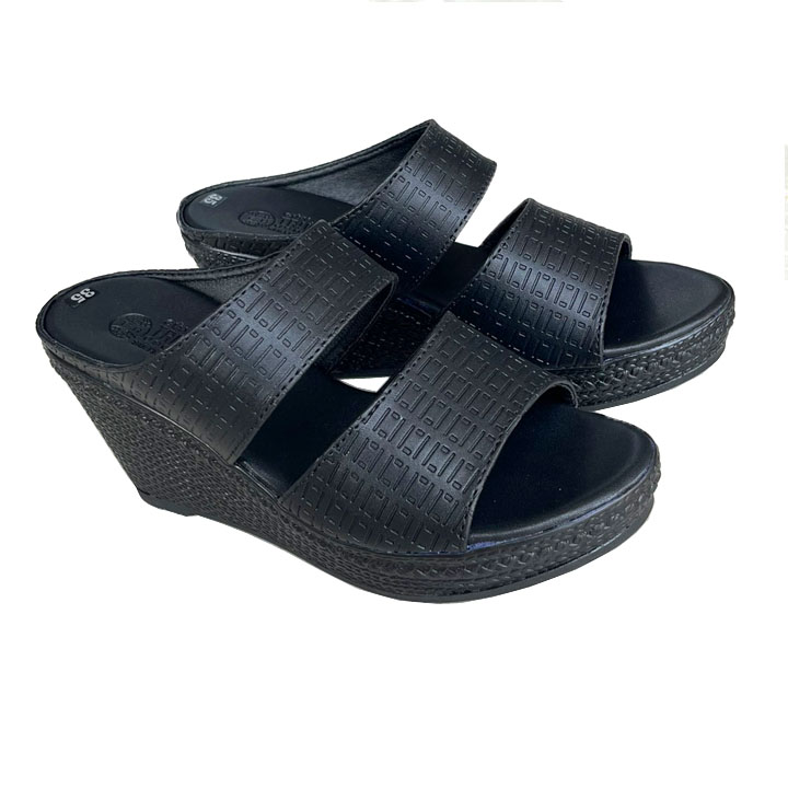Dép đế xuồng nữ quai ngang 8cm da mềm Trường Hải có hai màu đen, kem DN150Đ - Màu Đen - 39