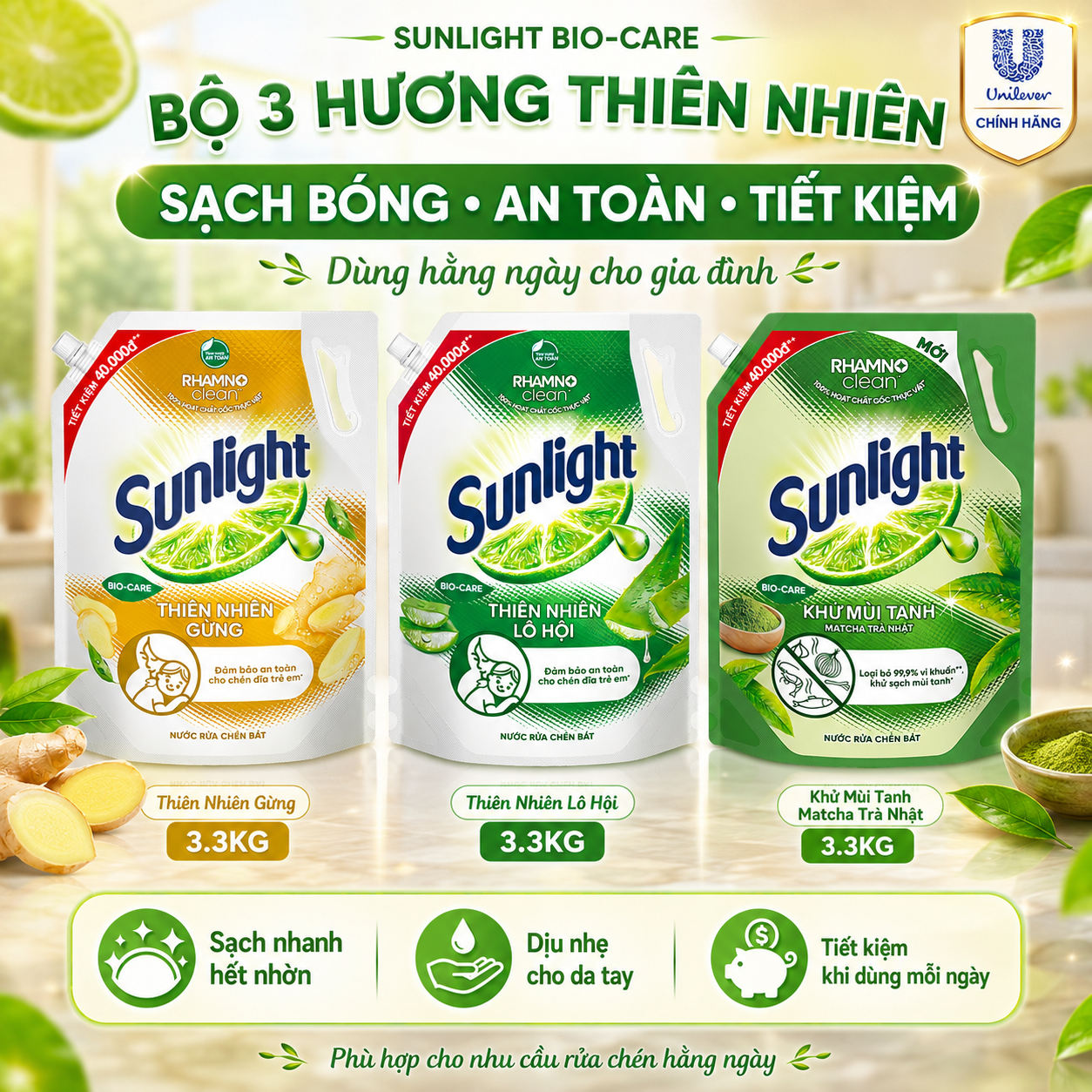 Nước Rửa Chén Sunlight Bio-Care Dạng Túi, Sạch Dầu Mỡ Dịu Nhẹ Cho Da Tay, 3 Hương Thiên Nhiên 3.3kg