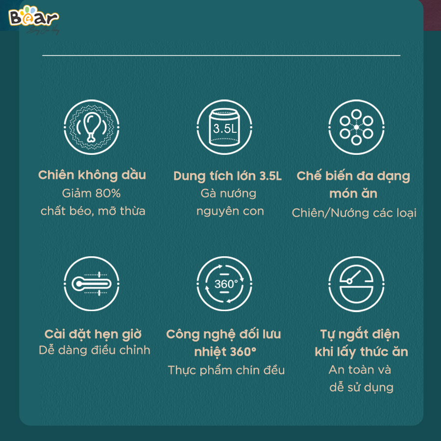 Nồi chiên không dầu 3.5L Bear Air Fryer VS-8083A - Đa chức năng, tự động thông minh - Bảo hành 18 tháng