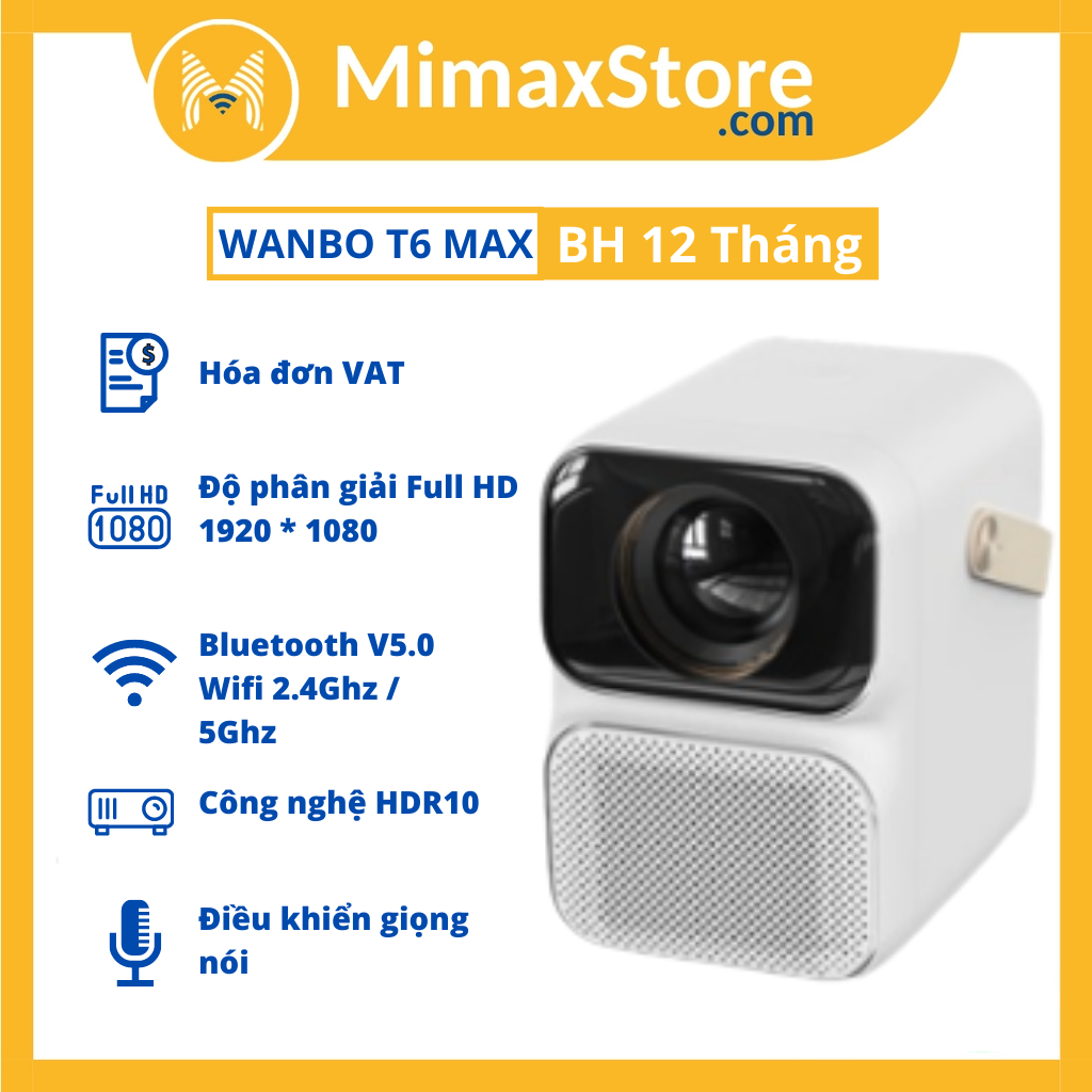 Máy Chiếu Xiaomi WANBO T6 MAX FULL HD 1080P WIFI 5G Tự Động Lấy Nét | Hàng Chính Hãng | Màu Trắng