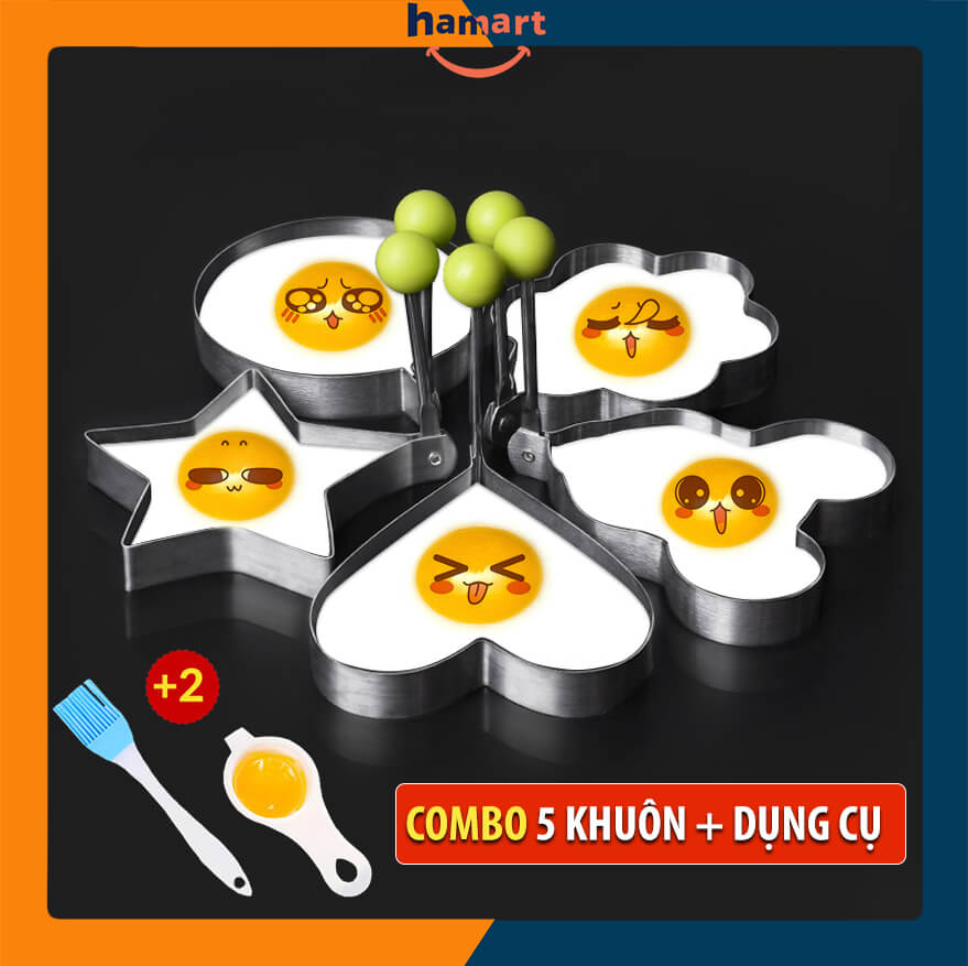 COMBO 5 Khuôn Chiên Trứng Rán INOX Kèm Dụng Cụ Khuôn Tạo Hình Làm Bánh Trang Trí Đồ Ăn Tiện Lợi - Bộ 5 Khuôn Trứng &amp; Dụng Cụ