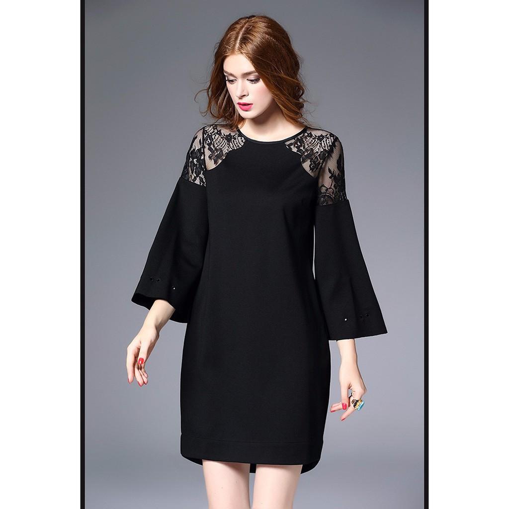 HÀNG ĐỦ SIZE: Đầm suông phối ren thu đông - DST01