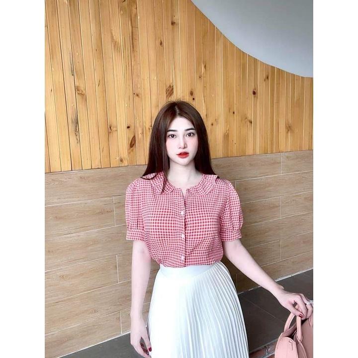 Áo Sơ Mi nữ công sở thời trang SURI Caro xốp đen đỏ Tay Ngắn Dáng Rộng Kẻ Sọc Kiểu Hàn Quốc-CARODENDOND