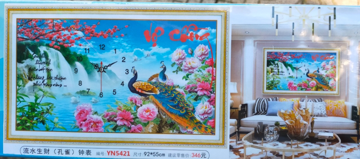 Tranh đính đá đồng hồ vợ chồng chim công chưa đính