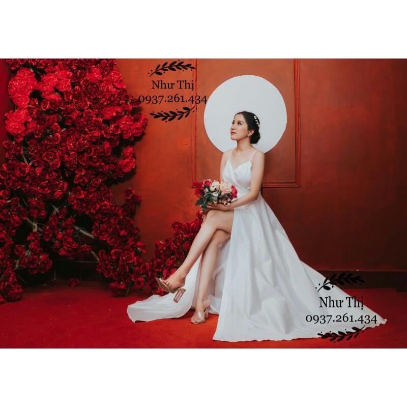 (miễn phí chỉnh váy) đầm dạ hội cưới hai dây xẻ tà váy cưới cô dâu Hàn Quốc đơn giản giá rẻ chụp ảnh cưới đi bàn