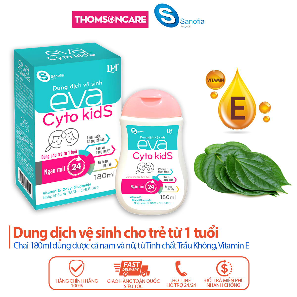 Dung dịch vệ sinh cho bé Eva Cyto Kids, giúp khử mùi, làm sạch, làm dịu mát da từ tinh chất trầu không - Chai 180ml Thomsoncare