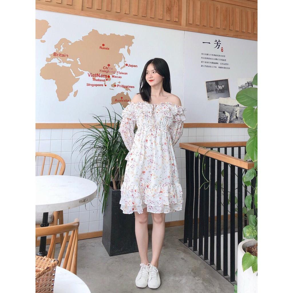 ĐẦM HOA VOAN NHÍ 2 LỚP TẦNG TẦNG BÈO XÒE CỔ BỆCH VAI TAY DÀI DÁNG XÒE BÈO-