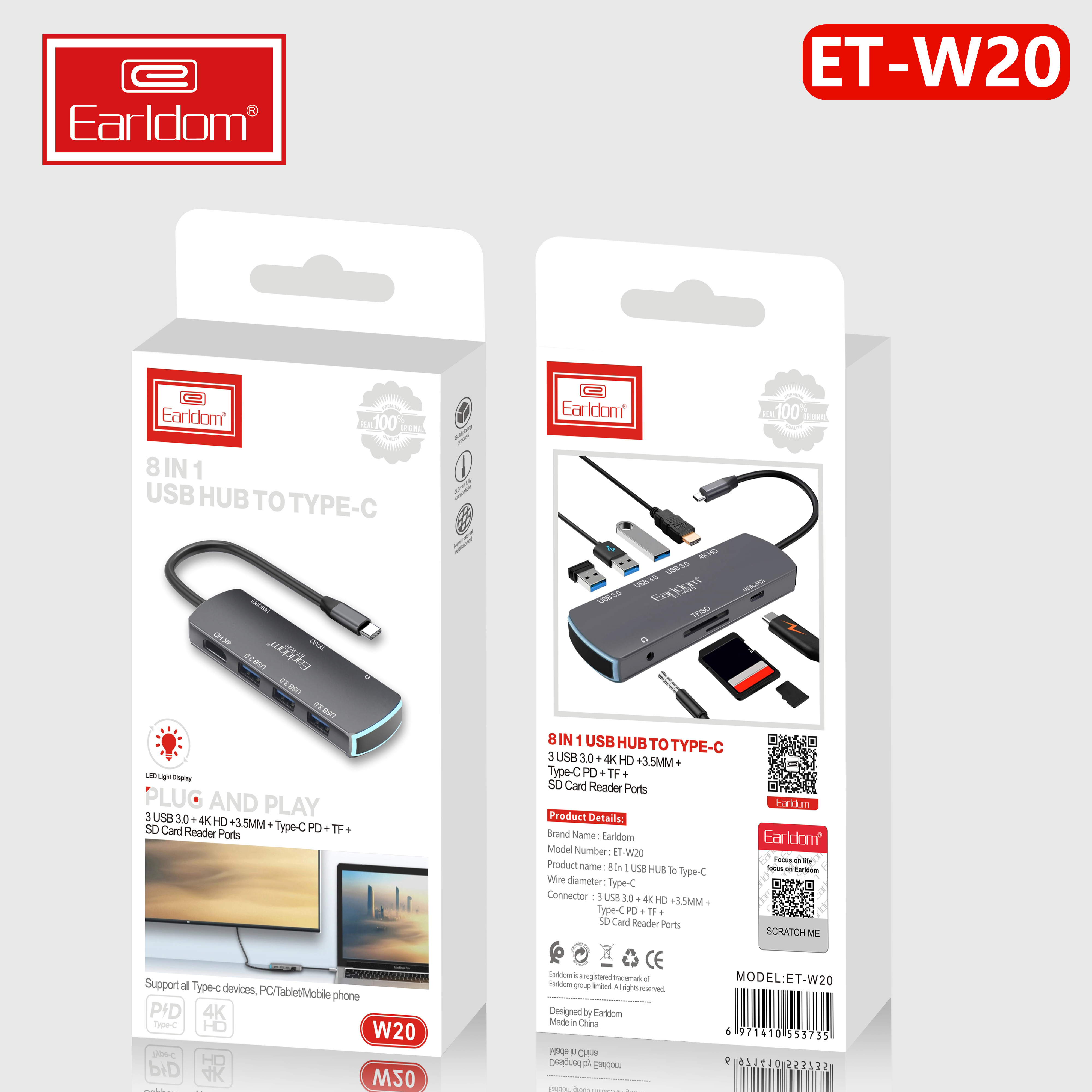 Cáp Chuyển USB Type C to HDMI 4K + 3 USB 3.0 + SD/TF + 3.5MM + USB C  Earldom W20 - Hàng Chính Hãng