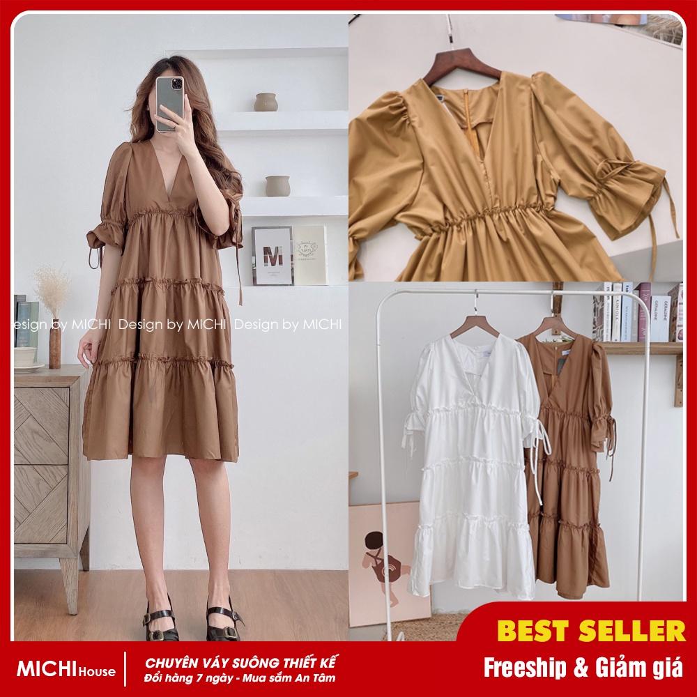 Váy suông babydoll 3 tầng, cổ V, đầm xuông rộng freesize, tay bo phồng buộc nơ 2 màu mã V173 - Michi's House