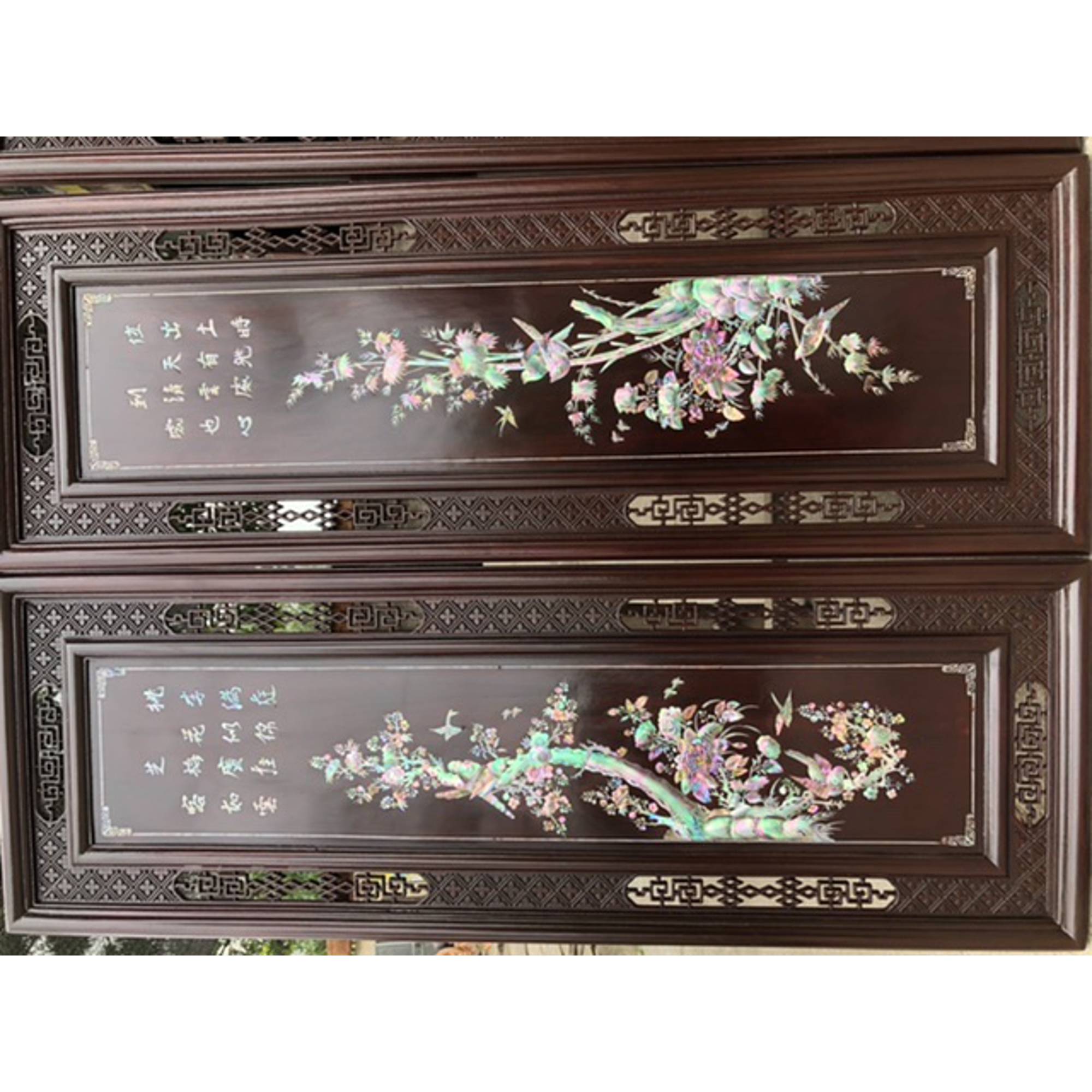 Tranh tứ quý bốn mùa gỗ gụ khảm ốc kết hợp với vỏ bào ngư xanh đỏ kt 37×107×3.5cm