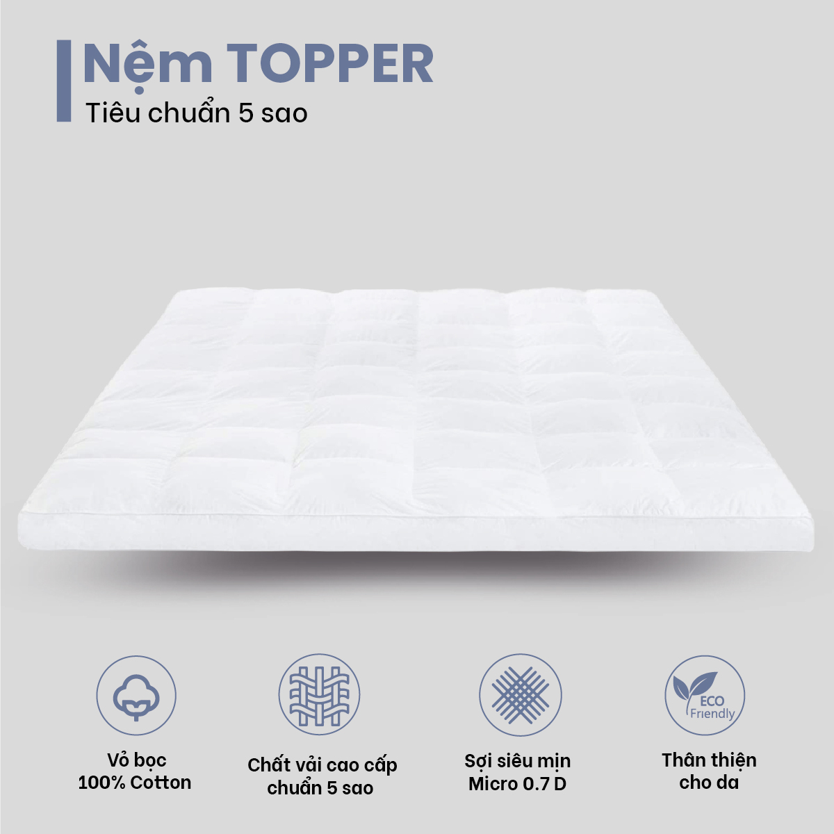 Topper khách sạn 5 sao – Nệm Topper bông Microfiber cao cấp – Tấm làm mềm nệm  - Topper lông vũ nhân tạo