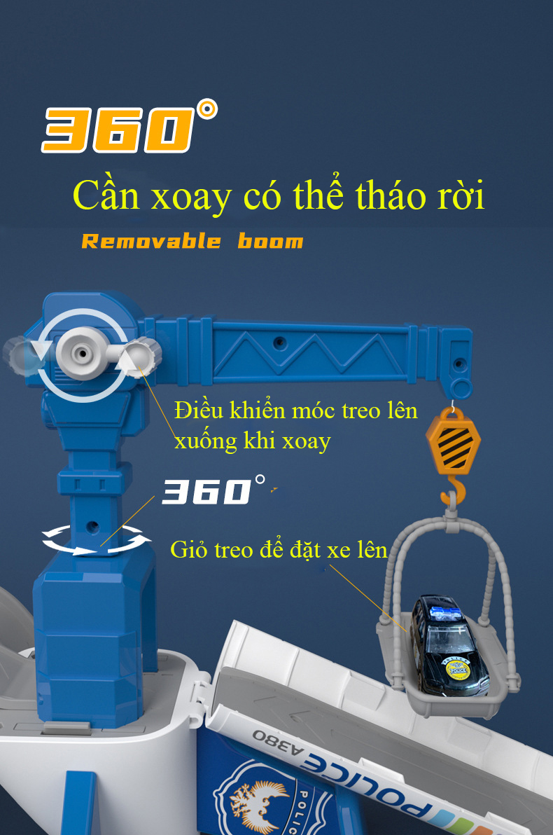 Bộ đồ chơi máy bay KAVY chở đồ kèm 4 xe cảnh sát bằng kim loại, có giàn cẩu, thang trượt, biển báo đa chức năng chạy pin