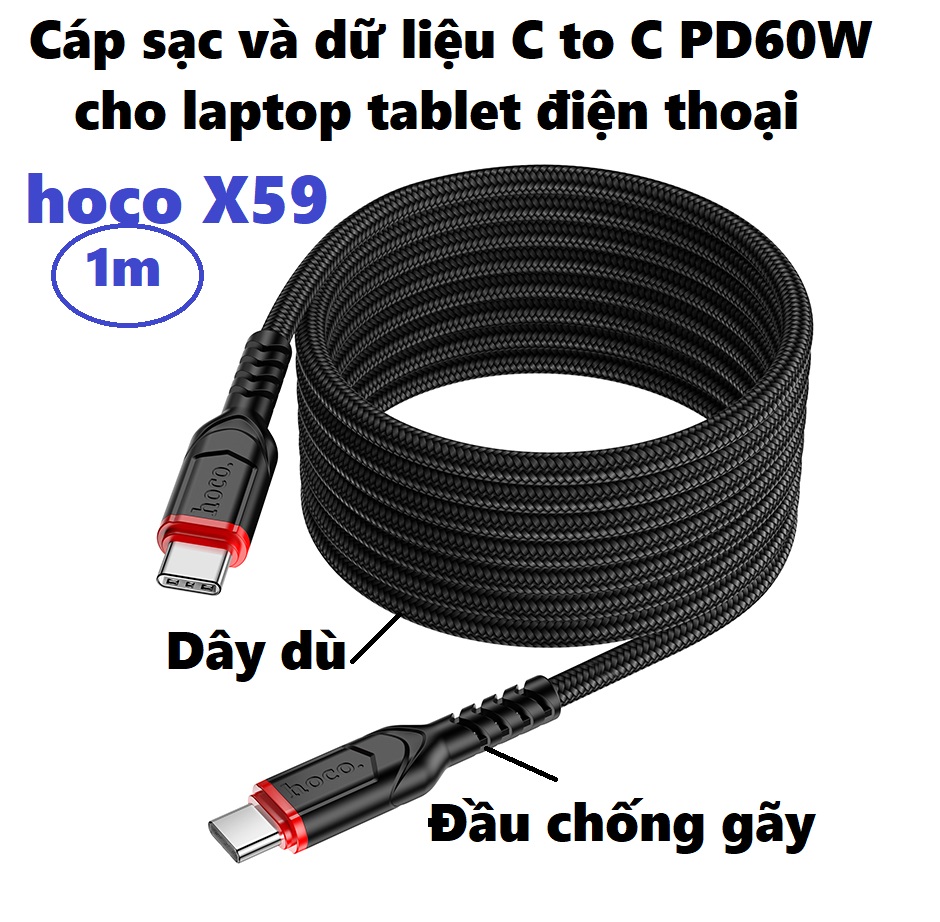 Cáp sạc nhanh C to C PD 60W cho laptop tablet điện thoại hoco X59 (1m) X102 (1m) _ Hàng chính hãng