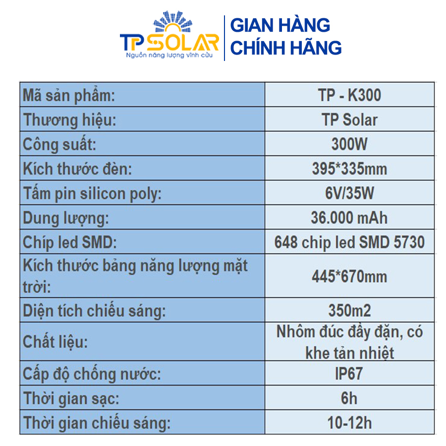 Đèn Năng Lượng Mặt Trời TP Solar TP-K300 300W Đèn Pha Led Siêu Sáng, Bảo Hành 3 Năm