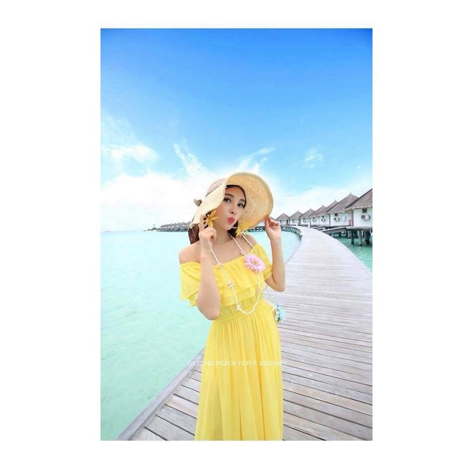 Đầm maxi vàng đi biển bèo vai  xinh xắn