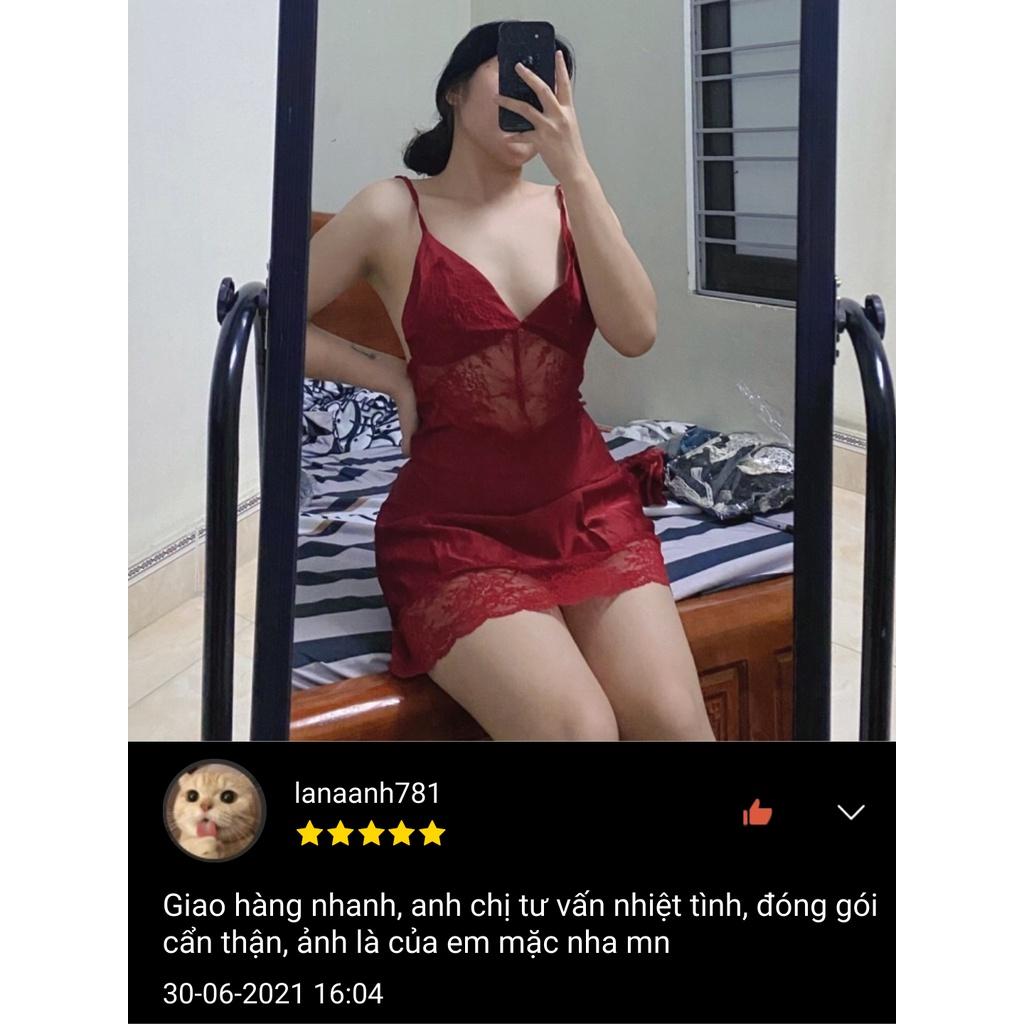 Váy ngủ sexy 2 dây phối ren lai Hoàng Tình Store, chất liệu lụa satin, kèm quần đùi cute, freesize 40-65kg tùy chiều cao