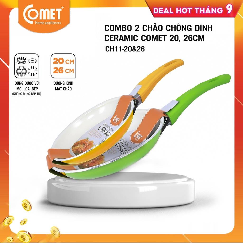 Combo 2 chảo chống dính Ceramic An toàn Comet CH11-20&26 - Giao màu ngẫu nhiên