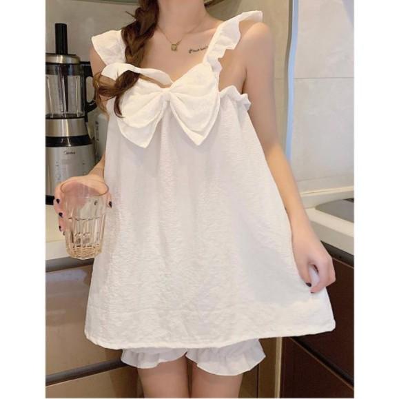 Set đồ ngủ hai dây thiết kế kết nơ cổ kết hợp quần bí ngô siêu cute S023