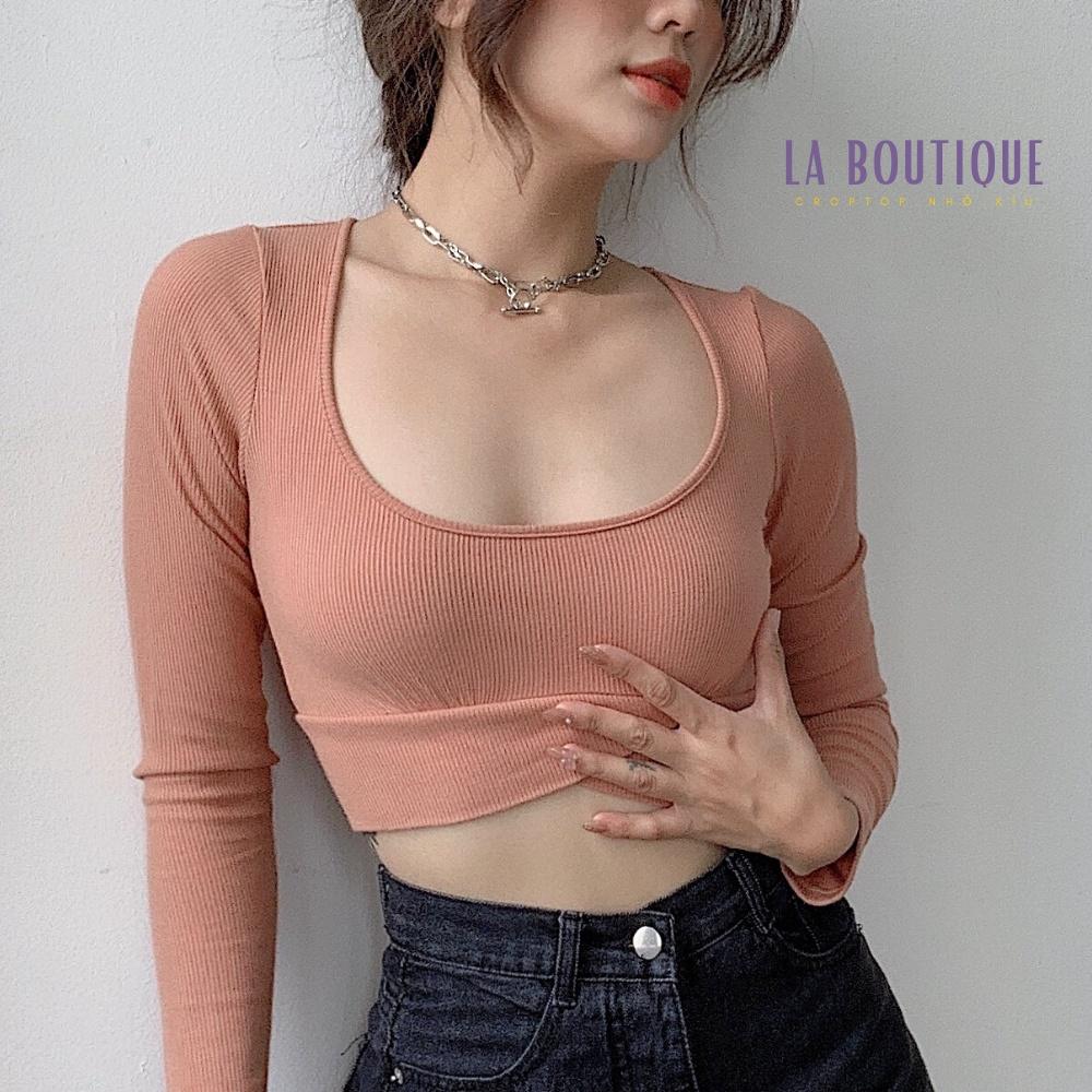 Áo Croptop Nữ Ôm Body Tay Dài Cổ Vuông Khoe Eo LA BOUTIQUE