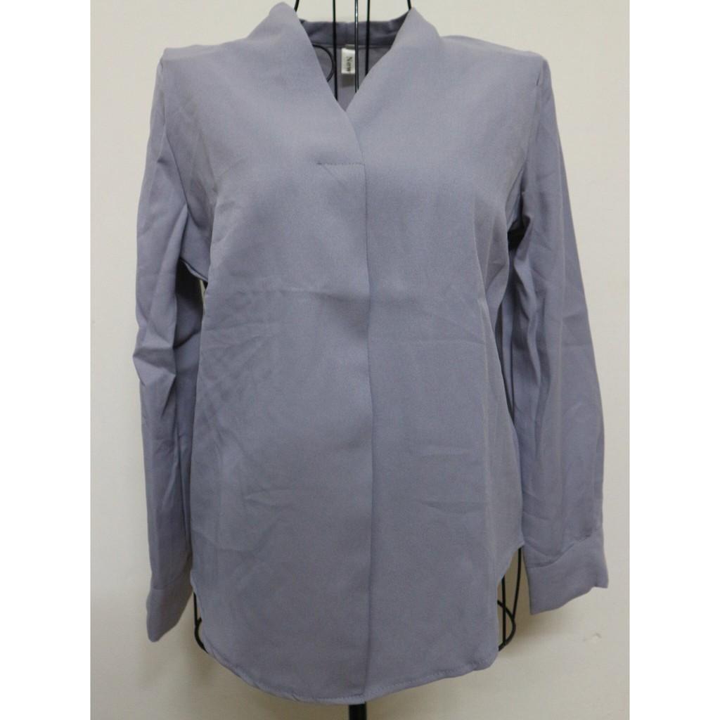 Áo Sơ Mi Nữ Công Sở Màu Xám Xanh Cổ Chữ V Phong Cách Hàn Quốc