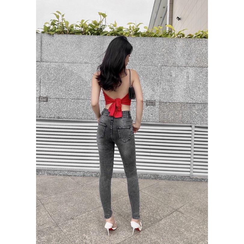 Quần Jean Nữ Màu XÁm Rách Lưng CAo 2 Nút CO Giãn