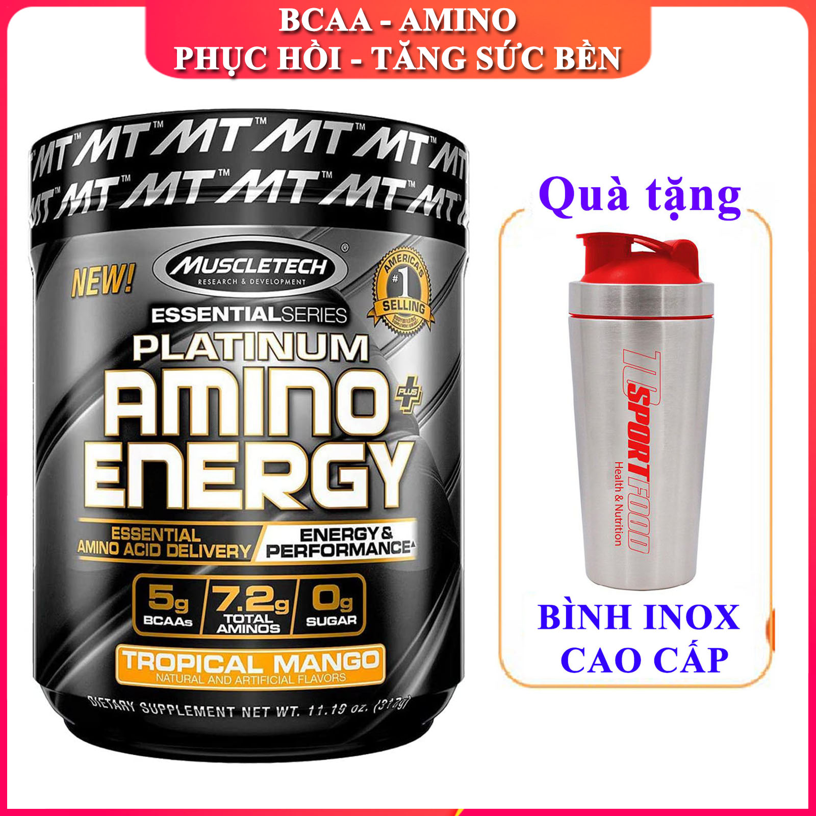 Combo BCAA Platinum Amino Plus Energy của Muscle Tech hương Tropical Mango (XOÀI) hộp 30 lần dùng hỗ trợ tăng sức bền, sức mạnh, đốt mỡ giảm cân mạnh mẽ, phục hồi cơ nhanh chóng cho người tập GYM và chơi thể thao thao &amp; Bình lắc INOX 739ml (Mẫu ngẫu nhiên)