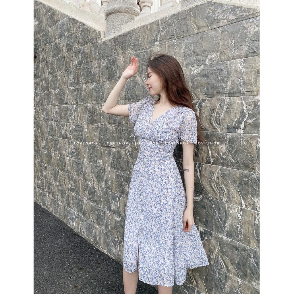 Váy đầm voan hoa nhí thiết kế nút ngọc cổ V phong cách thiểu thư vintage Lovi