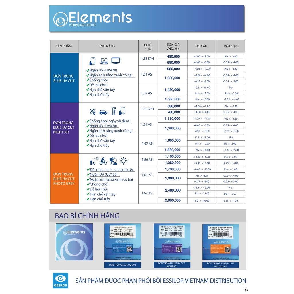 Tròng kính đổi màu ánh sáng xanh ELEMENTS 1.56, 1.61 và 1.67AS BLUE UV CUT PHOTO GREY chính hãng Singapore