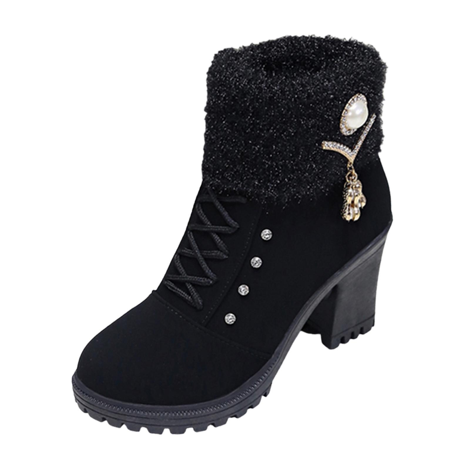 Women Winter Boots Cold Weather High Heeled with Zipper Closure Trendy Shoes