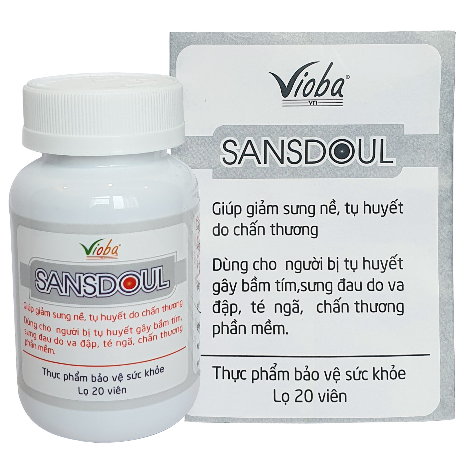 Viên giảm đau Đông Y Sansdoul - Giảm sưng nề, tụ huyết do chấn thương gây bầm tím, sưng đau do va đập, hỗ trợ lành nhanh vết thương do phẫu thuật thẩm mỹ, sinh mổ... Sản phẩm của Vioba, lọ x 20 viên.