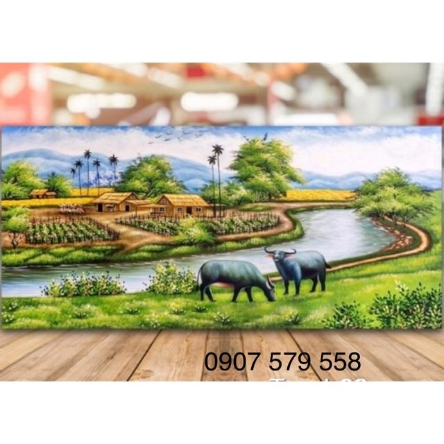 Tranh thêu phong cảnh làng quê kt 100x50 cm THÊU KÍN