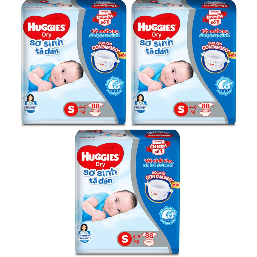 Combo 3 Gói Tã Dán Sơ Sinh Huggies S88 (4kg-8kg) - Gói 88 Miếng - Bao Bì Mới