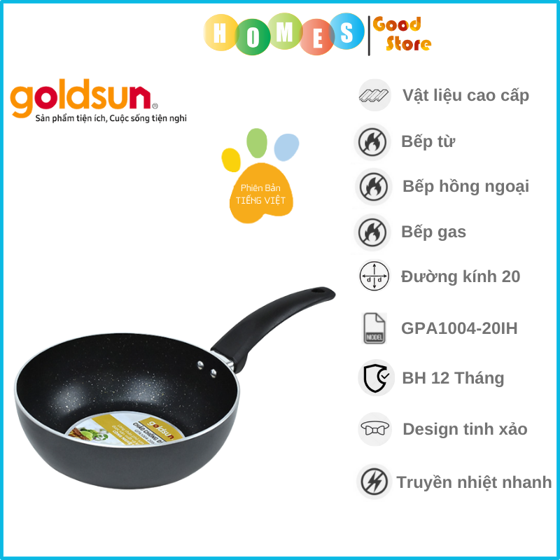 Chảo Đáy Từ Lòng Sâu GOLDSUN GPA1004-20IH Đường Kính Đáy 20 Cm Không Kén Bếp Công Nghệ Chống Dính Nhật Bản - Hàng Chính Hãng