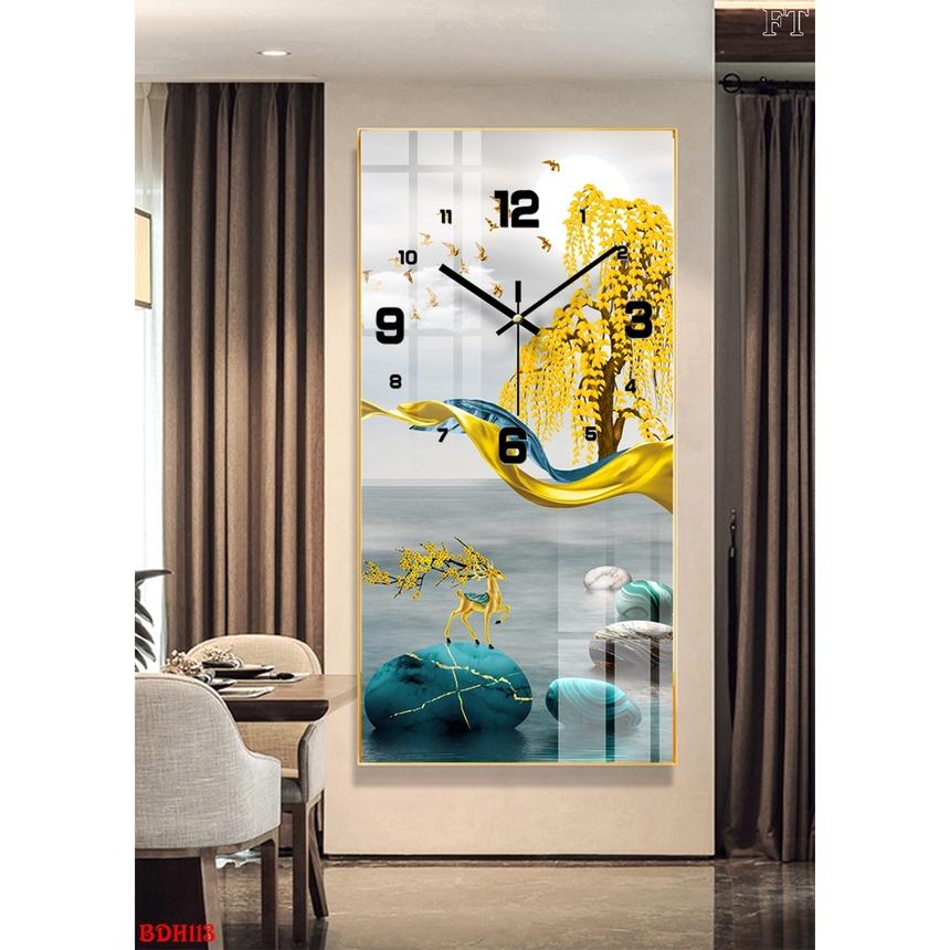 Đồng hồ treo tường hiện đại, tranh tráng gương trang trí nhà cửa phòng làm việc_HƯƠU NAI TÀI LỘC, tranh đồng hồ.