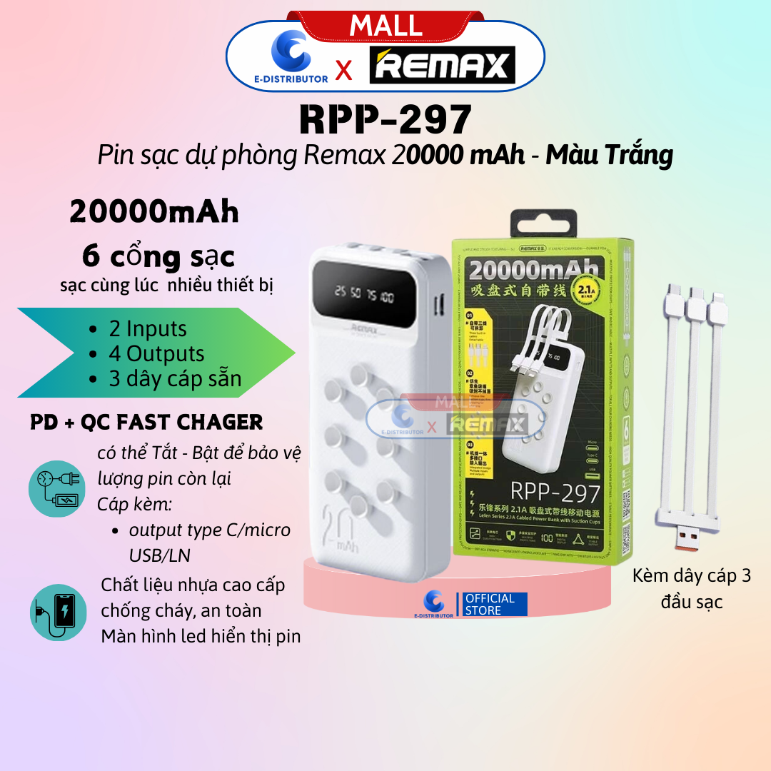 Pin sạc dự phòng Remax RPP-297 20000mAh - Hàng Chính Hãng - Bảo Hành 12 Tháng